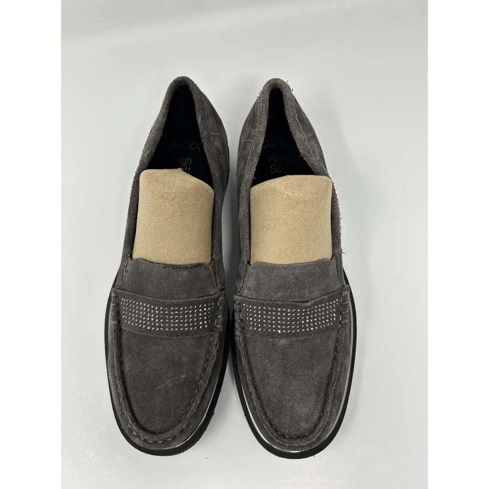 Ara HighSoft Men 6.5 Grey Suede Studded Platform Loafers Moc Toe Shoes Cushioned